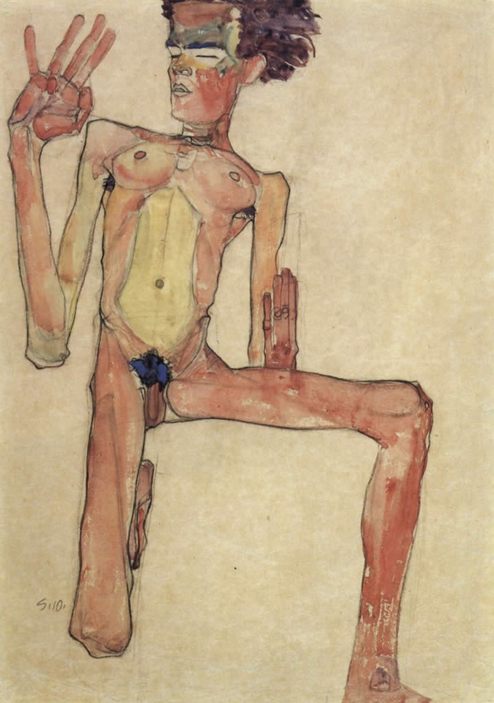 Egon Schiele Kneeling act selfportrait